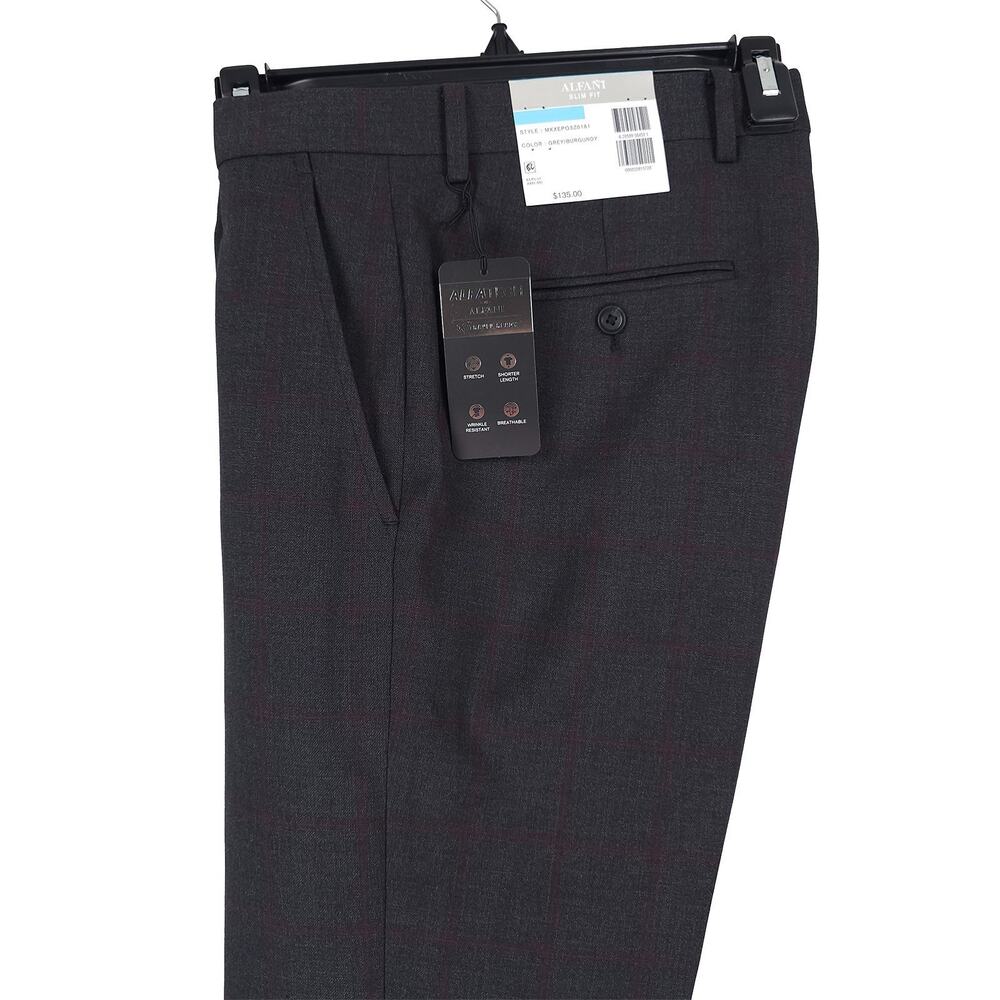 Alfani Mens Slim Fit Suit Pants 31x30 Grey Burgundy Windowpane Plaid Stretch NWT